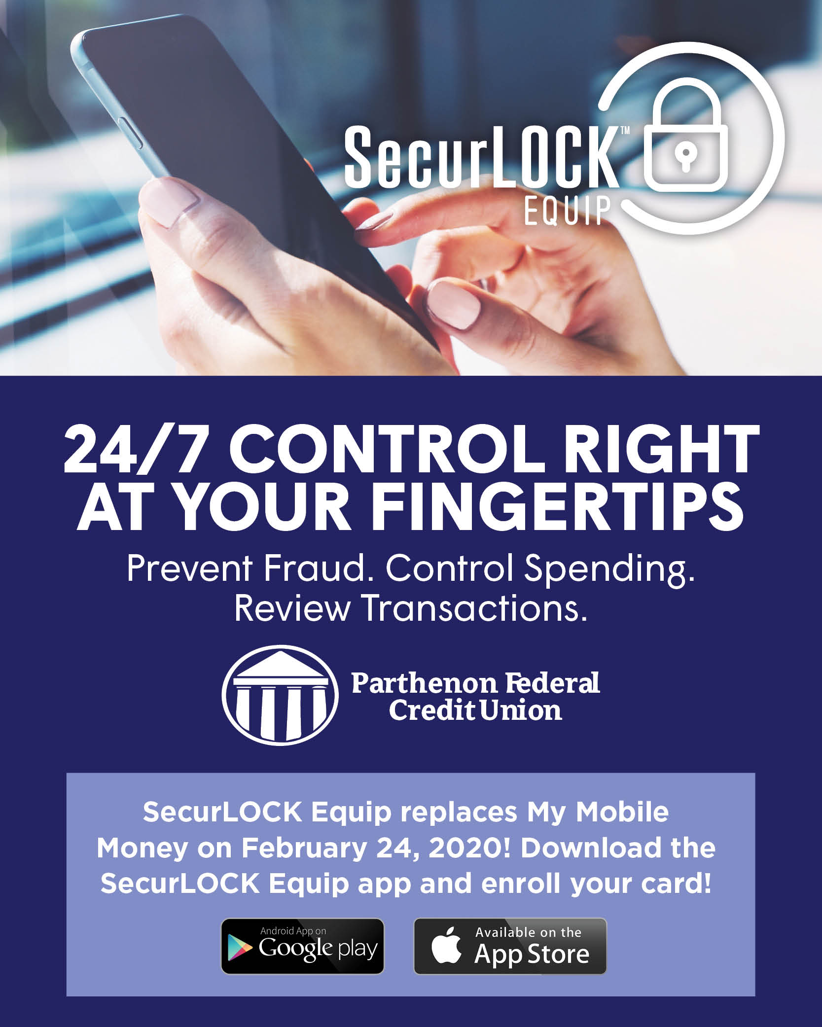 SecurLOCK Equip.  24/7 control at your fingertips.  Replaces My Mobile Money on February 24, 2020!  Download the SecurLOCK Equip app and enroll your card!